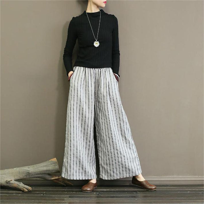 【Coton Et Lin】Pantalon Large Rayé Décontracté