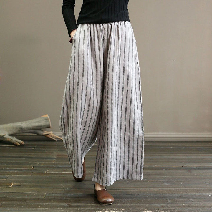 【Coton Et Lin】Pantalon Large Rayé Décontracté