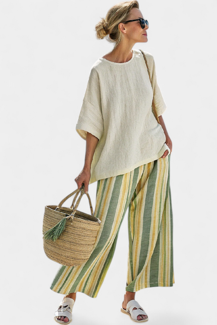 Ellowyn | Haut Sophistiqué & Pantalon en Lin Rayé
