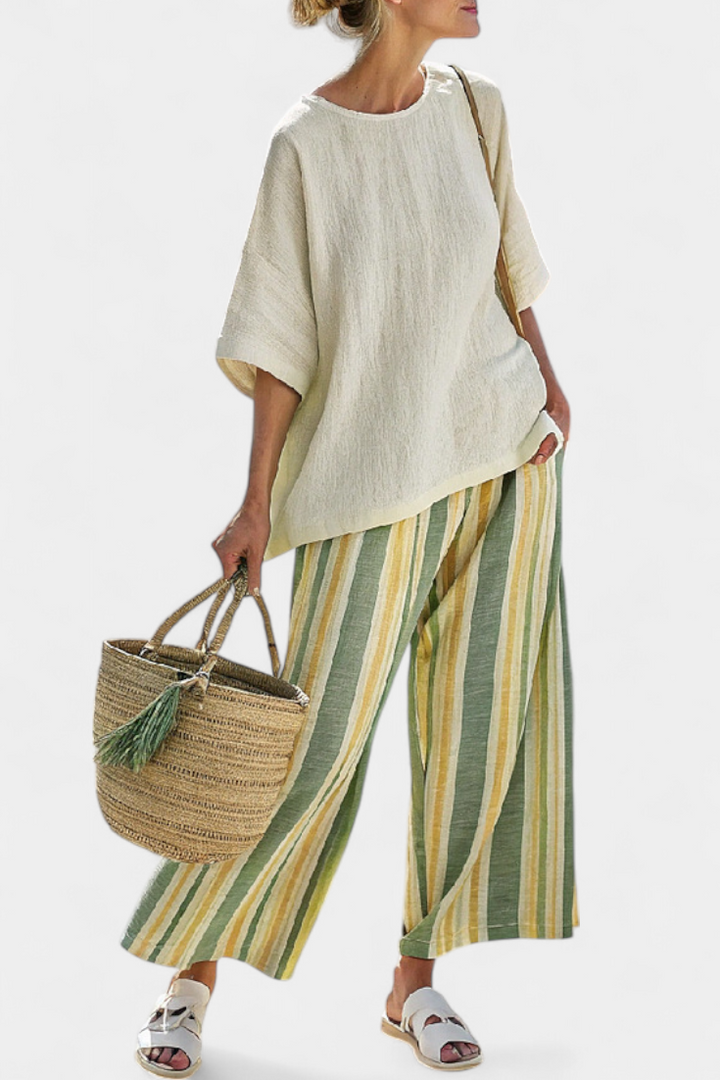 Ellowyn | Haut Sophistiqué & Pantalon en Lin Rayé