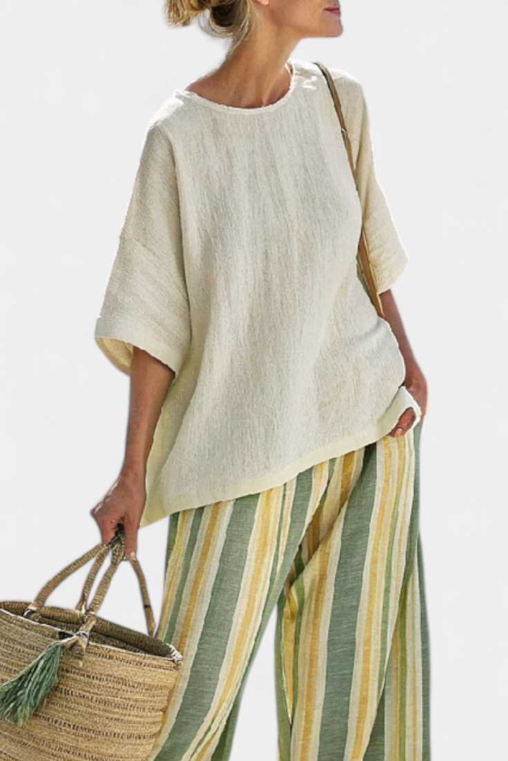 Ellowyn | Haut Sophistiqué & Pantalon en Lin Rayé