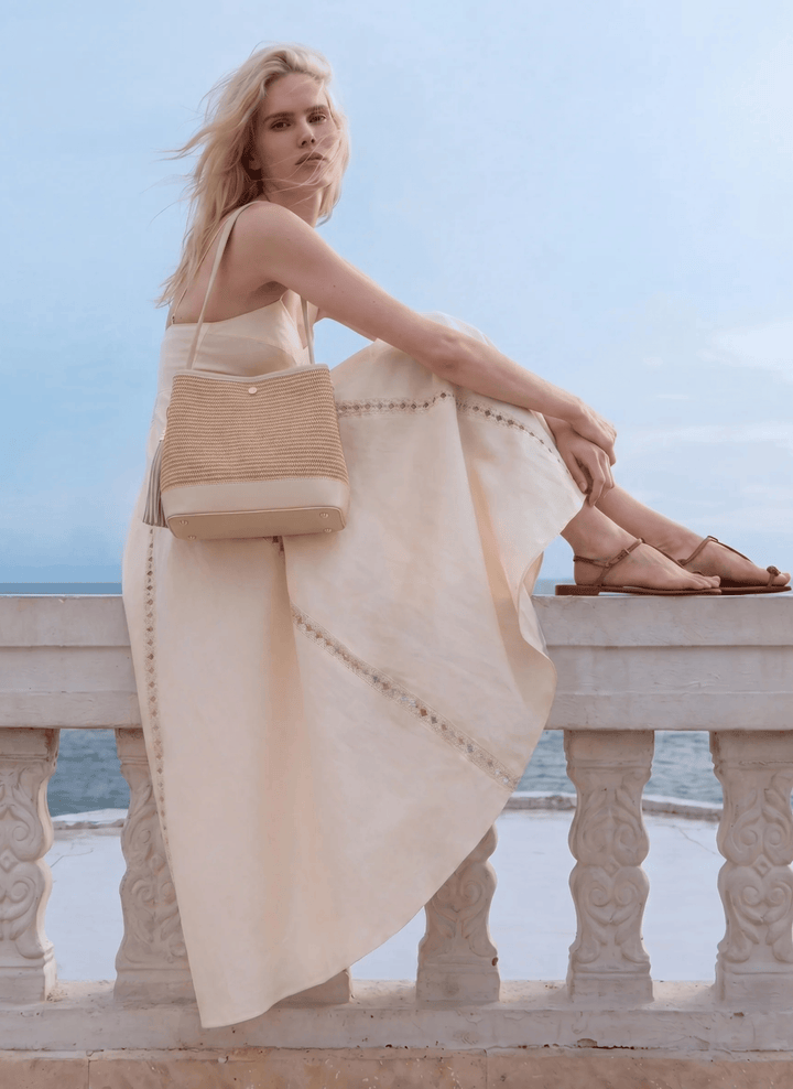 Sac Kendy en cuir et raphia Crème