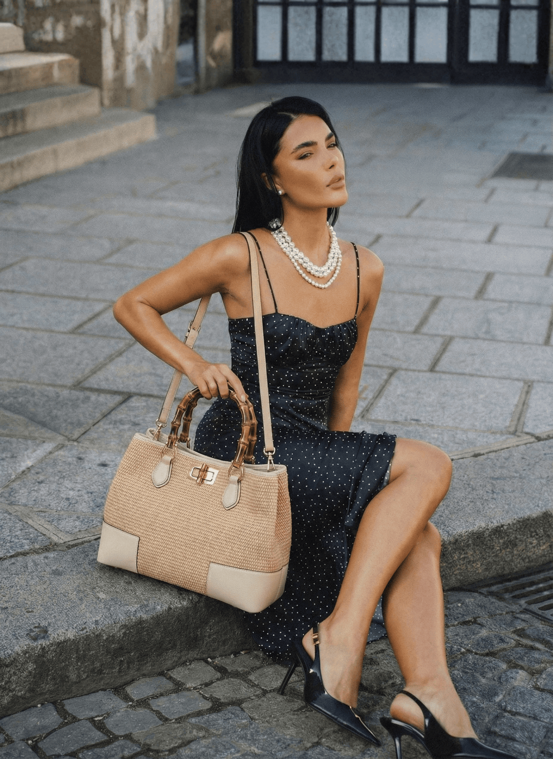 Sac Bamboo Babe en cuir et Rafia Crème