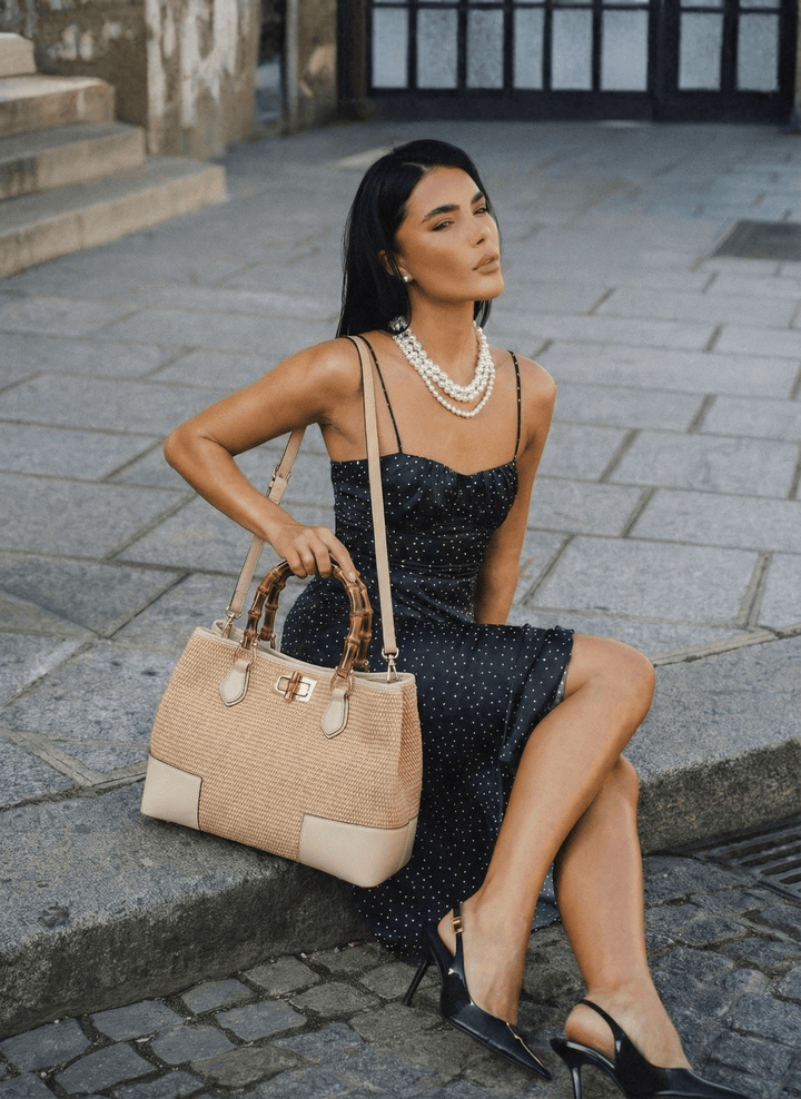 Sac Bamboo Babe en cuir et Rafia Crème