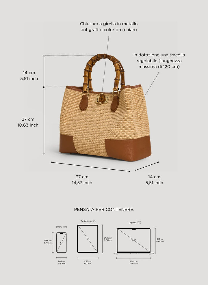 Sac Bamboo Babe en cuir et Rafia Cuoio