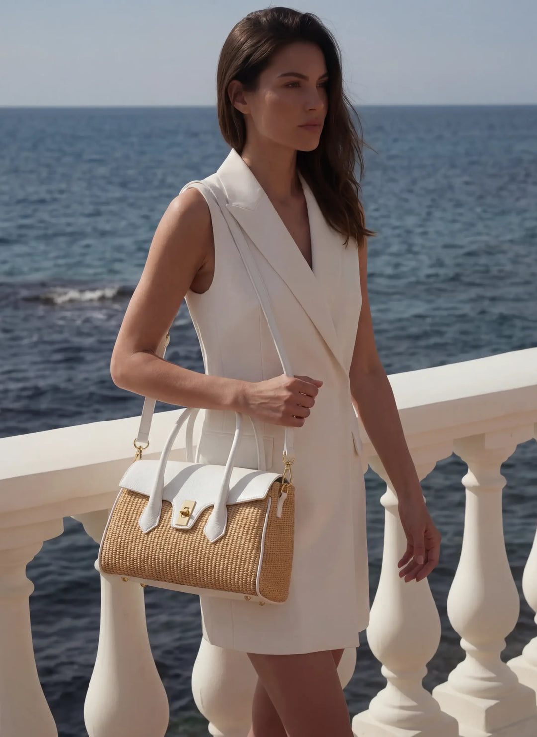 Sac Cécile en Cuir et Raphia Blanc