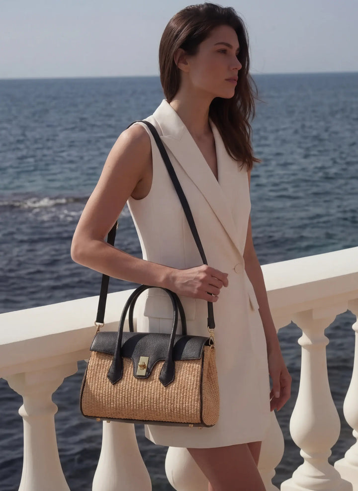 Sac Cécile en Cuir et Raphia Noir