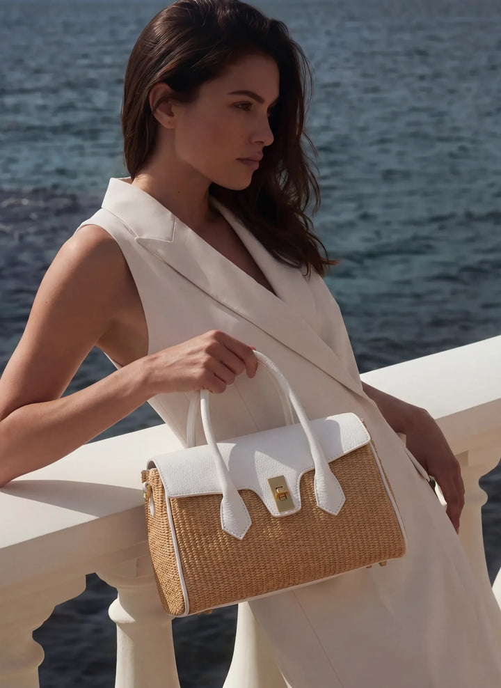 Sac Cécile en Cuir et Raphia Blanc