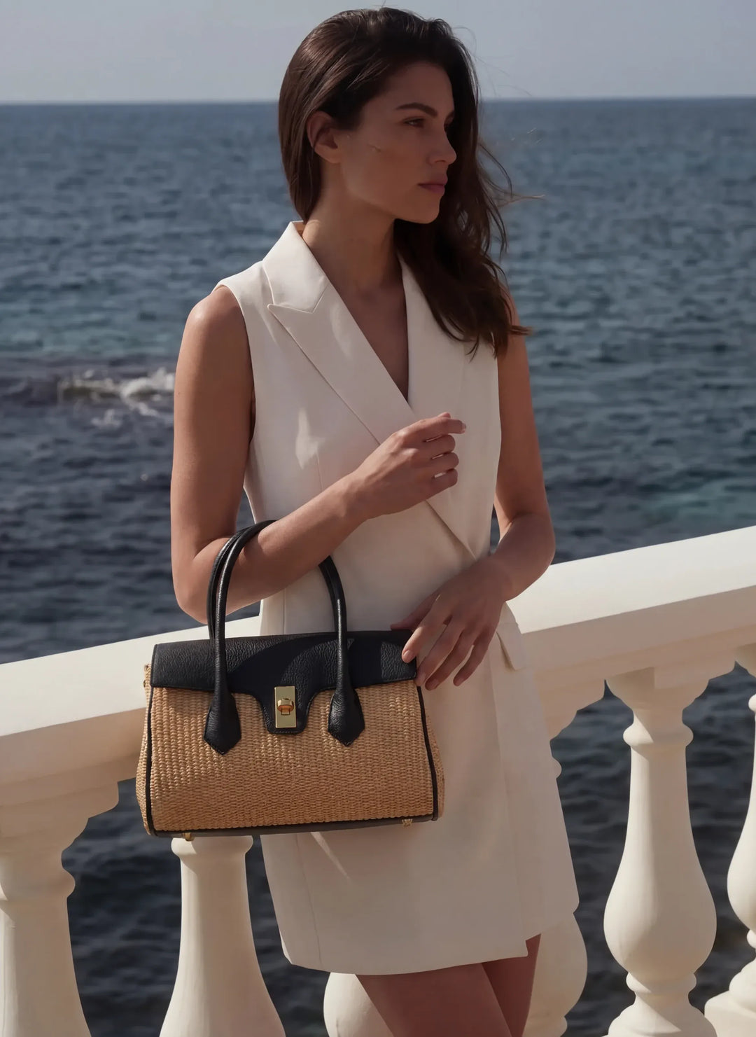 Sac Cécile en Cuir et Raphia Noir