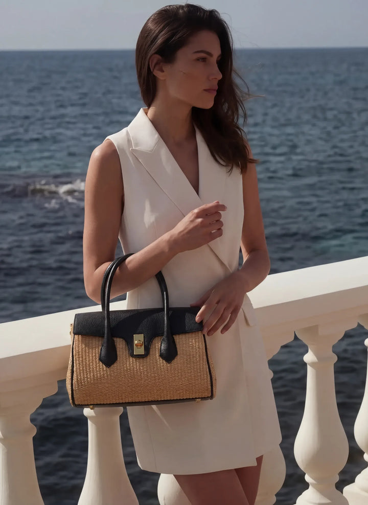 Sac Cécile en Cuir et Raphia Noir