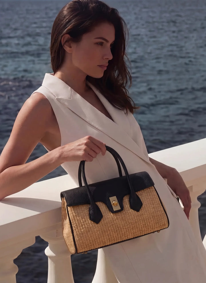 Sac Cécile en Cuir et Raphia Noir
