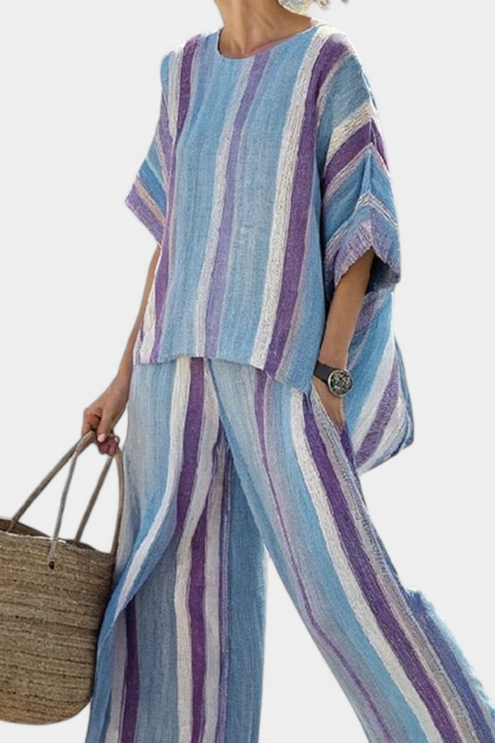 Faelith | Haut Pastel Mauve Élégant & Pantalon en Lin Rayé