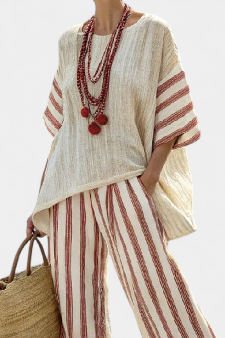 Braelith | Haut Rayé Rustique Élégant & Pantalon en Lin Crème