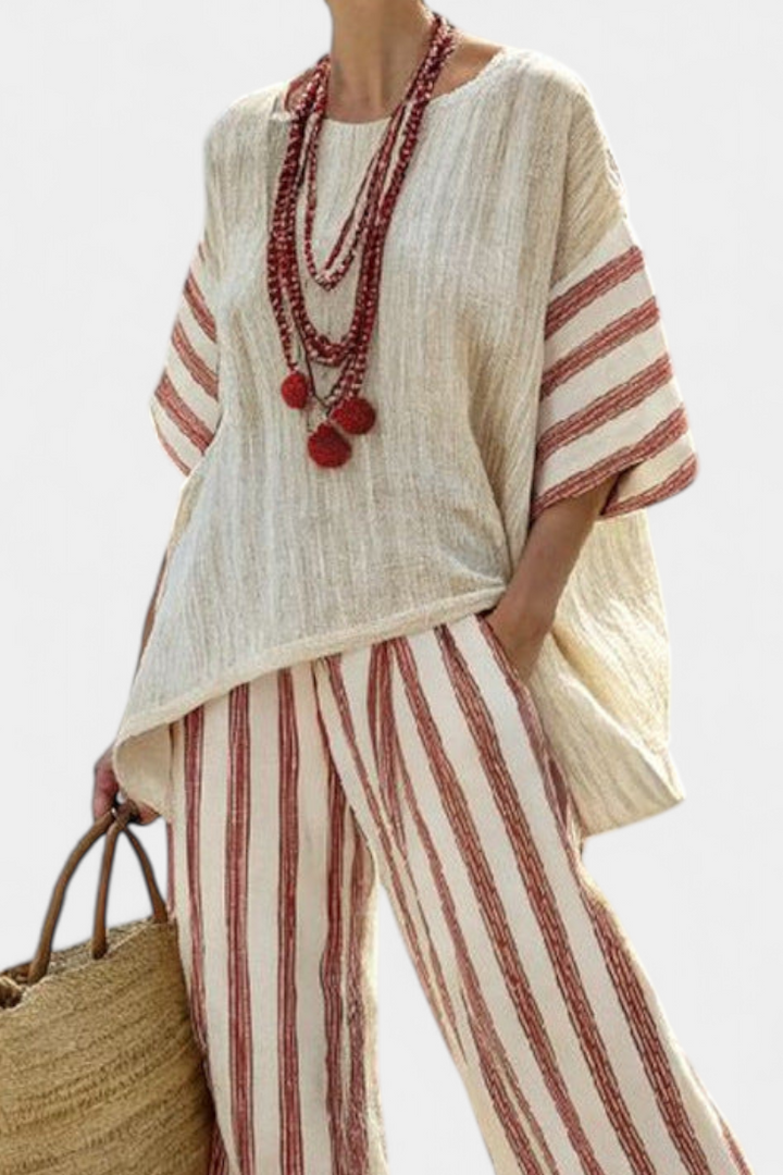 Braelith | Haut Rayé Rustique Élégant & Pantalon en Lin Crème