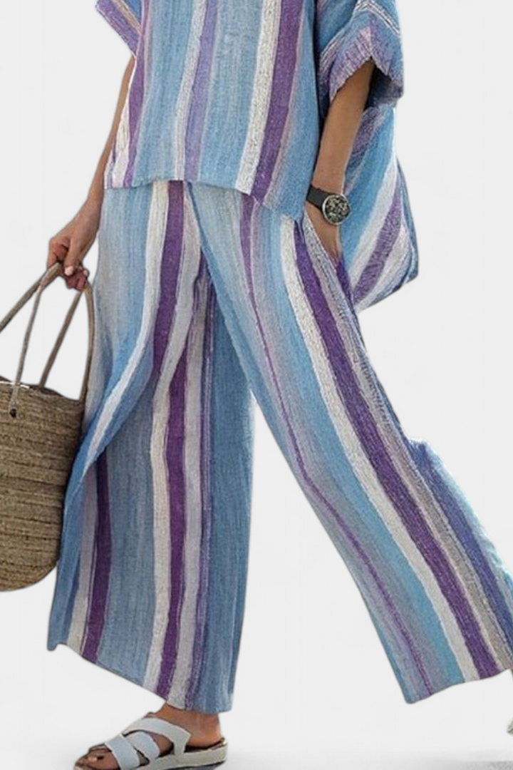 Faelith | Haut Pastel Mauve Élégant & Pantalon en Lin Rayé