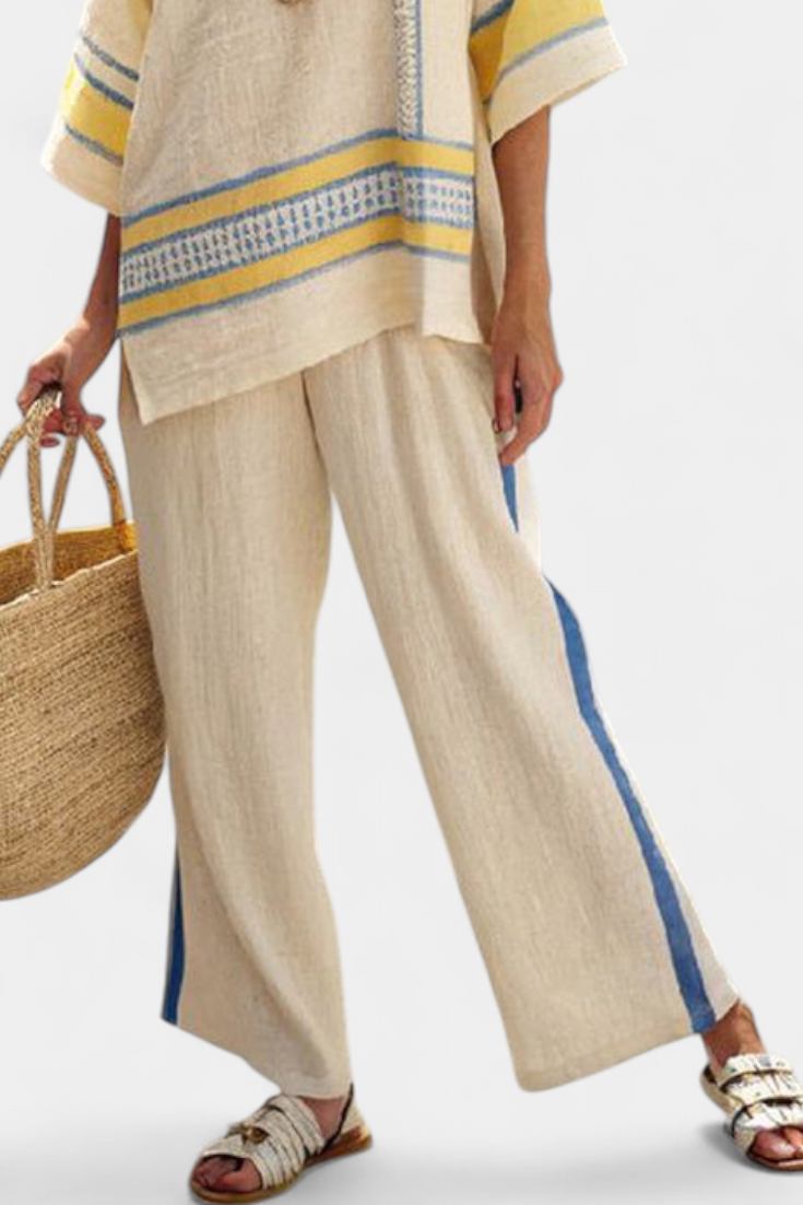 Jaxmere | Haut Méditerranéen Confortable Bleu-Jaune & Pantalon en Lin