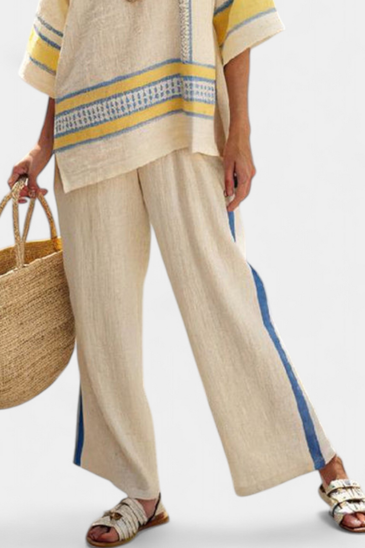 Jaxmere | Haut Méditerranéen Confortable Bleu-Jaune & Pantalon en Lin