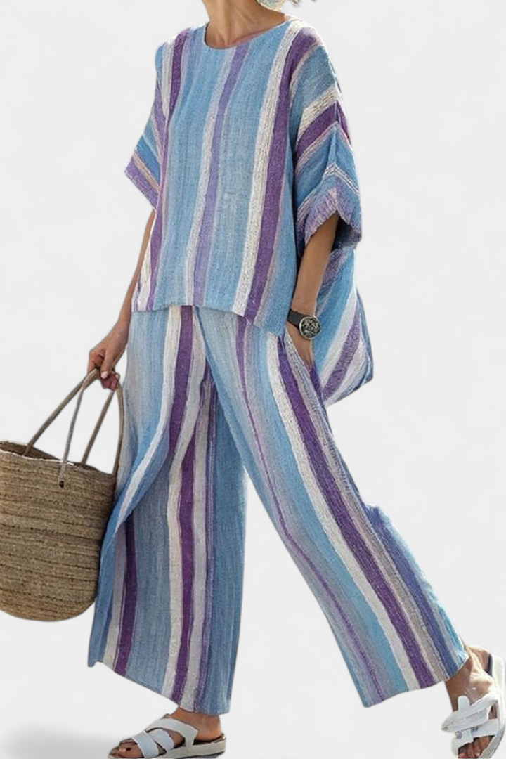 Faelith | Haut Pastel Mauve Élégant & Pantalon en Lin Rayé