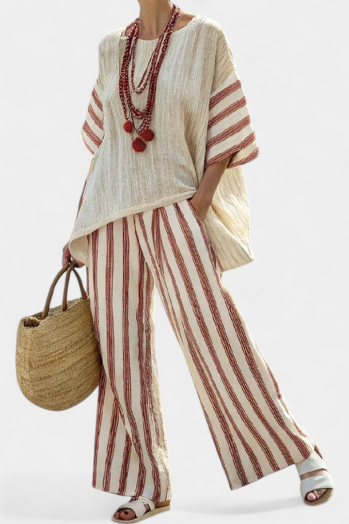 Braelith | Haut Rayé Rustique Élégant & Pantalon en Lin Crème
