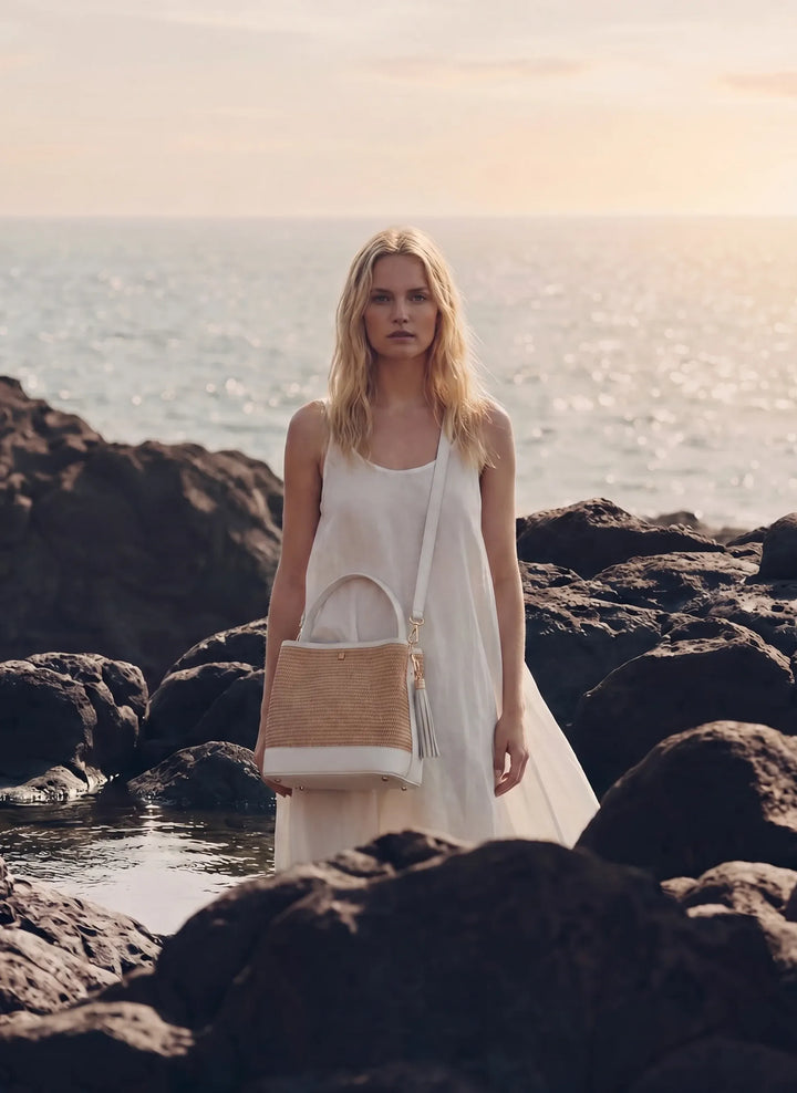 Sac Kendy en cuir et en raphia blanc